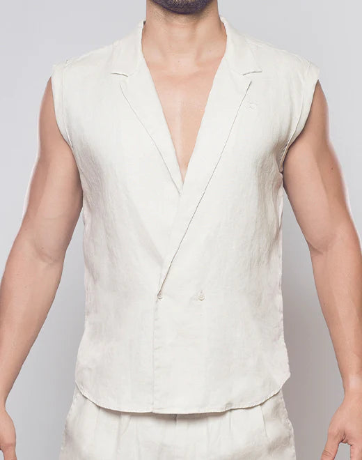 Breezy Linen Single Button Wrap Vest Beige
