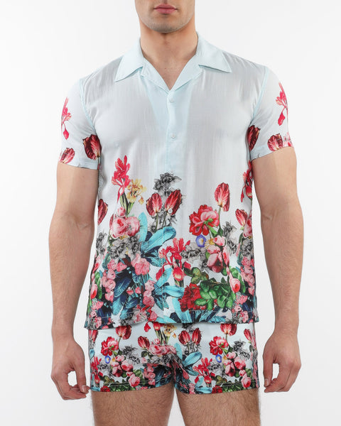 Woven Short Sleeves Shirt-Floral Print Mint