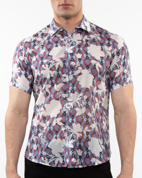 Lightweight Short Sleeve Shirt-Floral Print Slate Fuchsia
