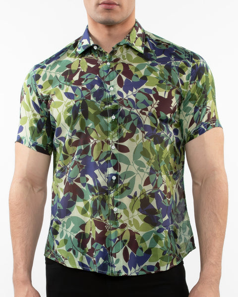 Lightweight Short Sleeve Shirt-Leaves Print Forest Slate