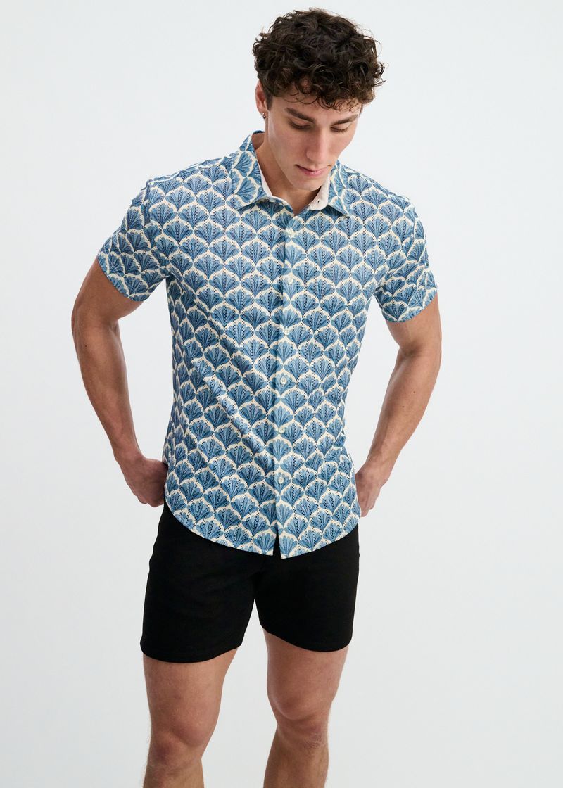 Floral Print Open Knit Stretch Short Sleeve Shirt