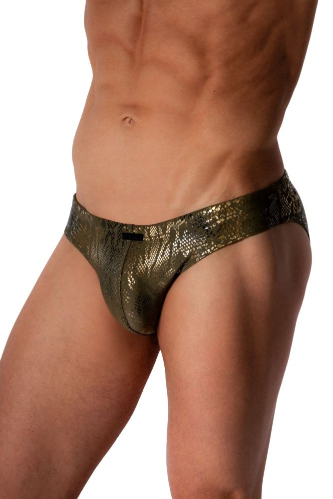 M2579 Beach Snake Print Brief Olive Gold