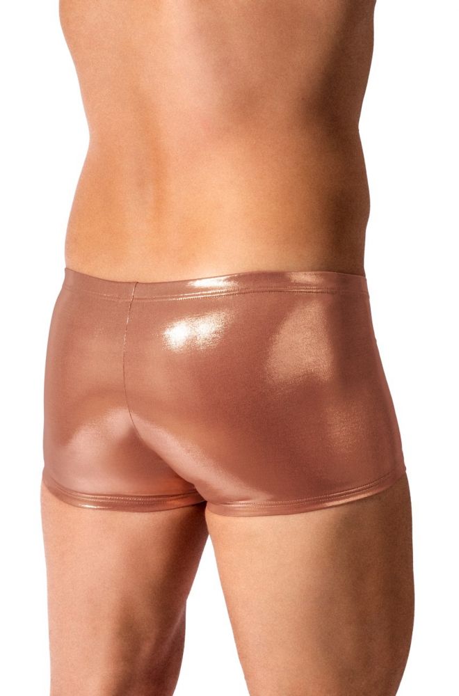 A close-up rear view of a person wearing shiny metallic rose-gold or copper briefs against a plain white background.