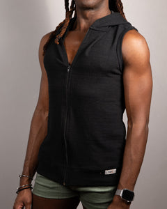 Linen Texture Hooded Sleeveless Shirt Black