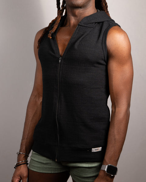 Linen Texture Hooded Sleeveless Shirt Black