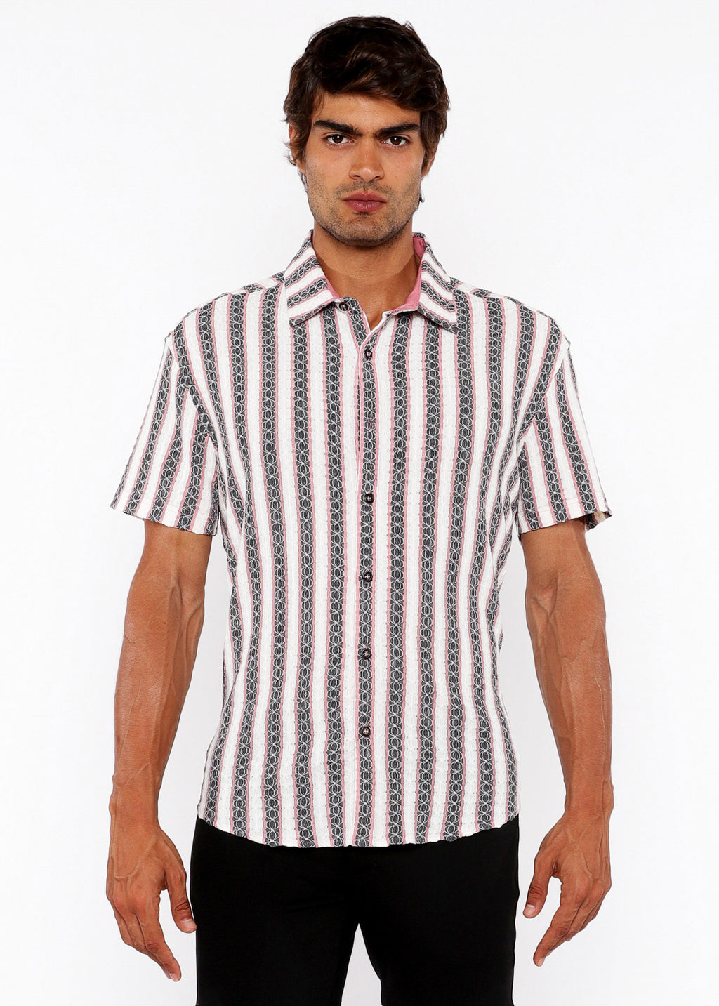 Zigzag Stripe Knit Short Sleeve Shirt Rouge Pink
