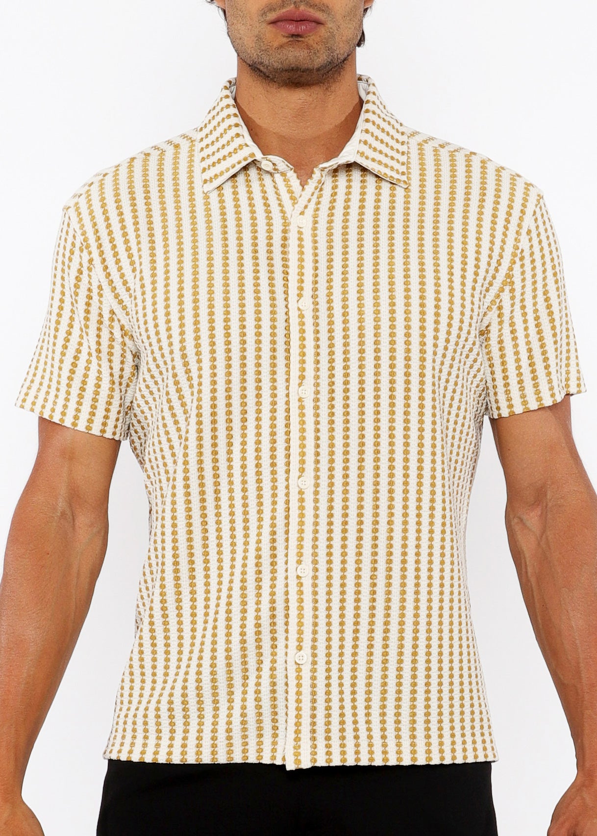 Stripe Stretch Open Knit Short Sleeve Shirt Amber