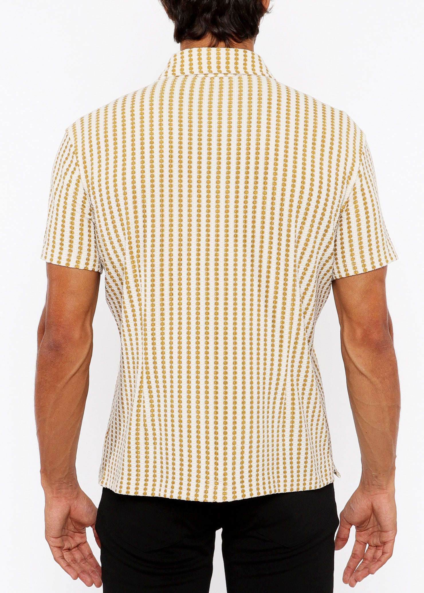 Stripe Stretch Open Knit Short Sleeve Shirt