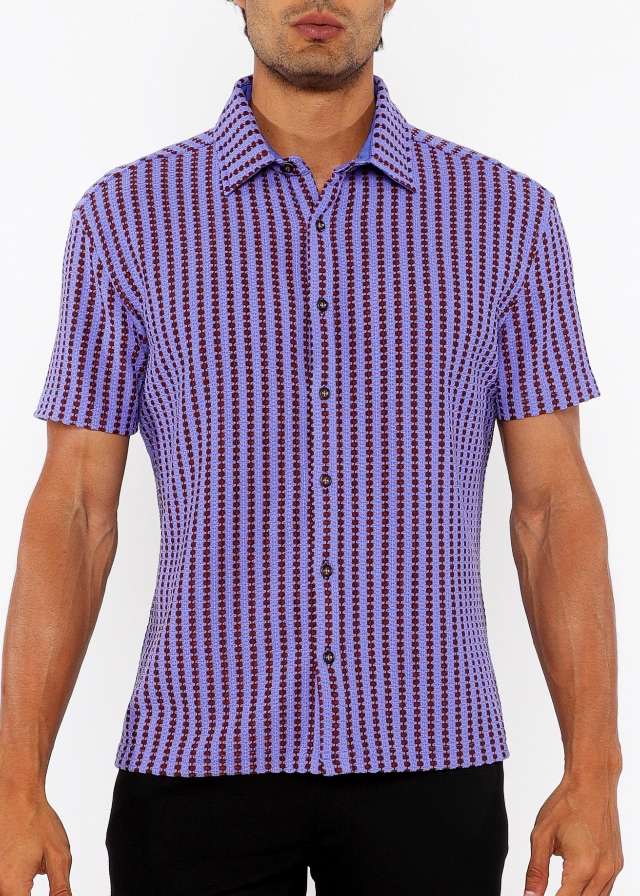 Stripe Stretch Open Knit Short Sleeve Shirt Grape
