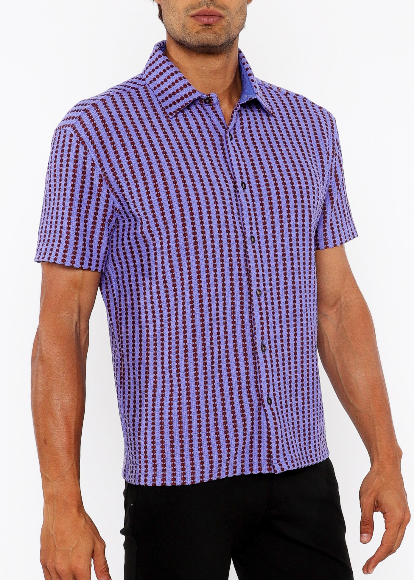 Stripe Stretch Open Knit Short Sleeve Shirt