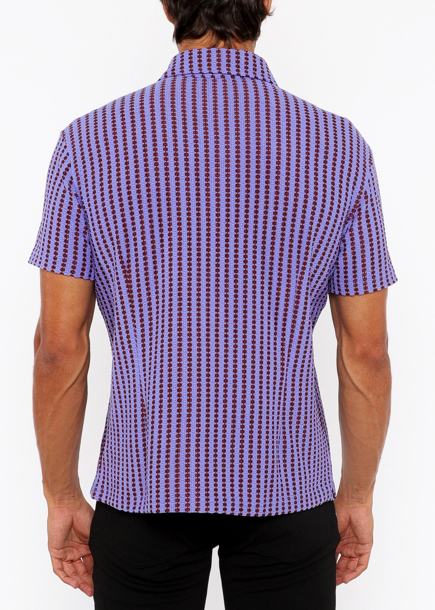 Stripe Stretch Open Knit Short Sleeve Shirt