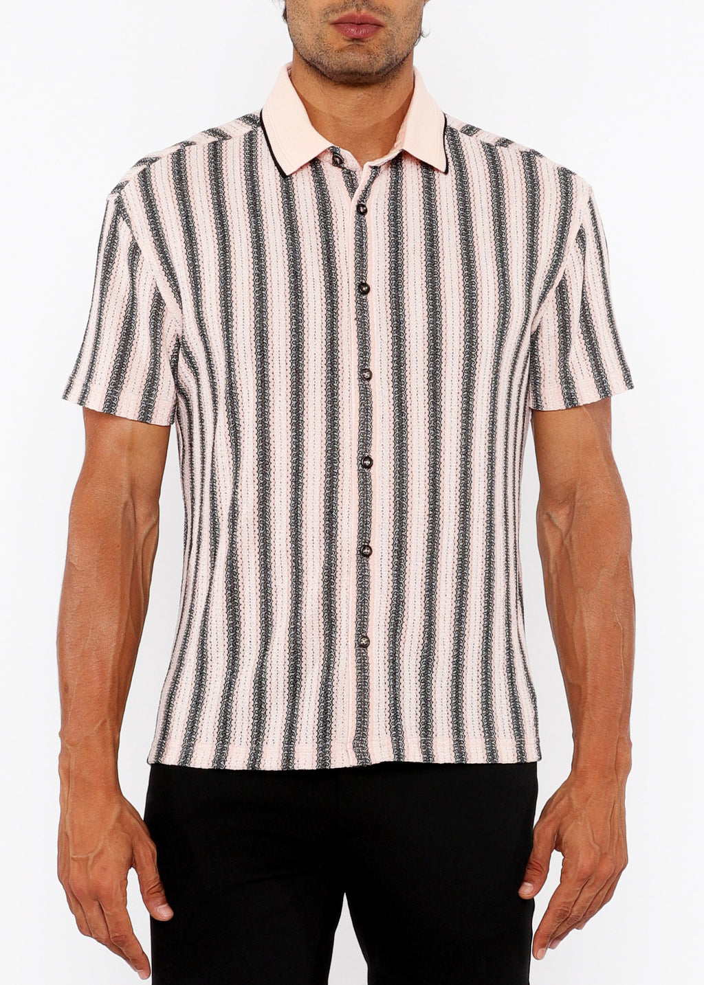 Stripe Open Knit Short Sleeve Shirt w/ Rib Collar Candy