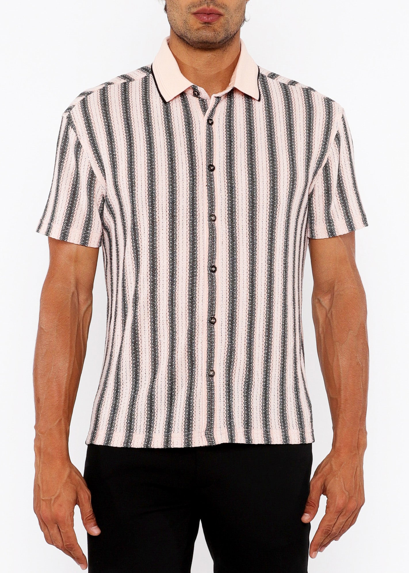 Stripe Open Knit Short Sleeve Shirt w/ Rib Collar Candy