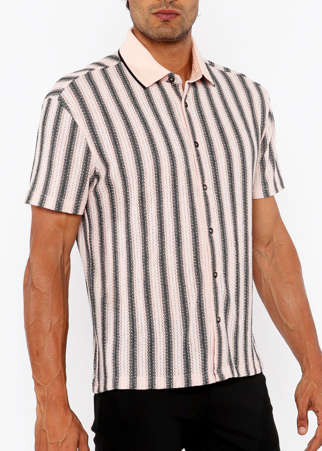 Stripe Open Knit Short Sleeve Shirt w/ Rib Collar