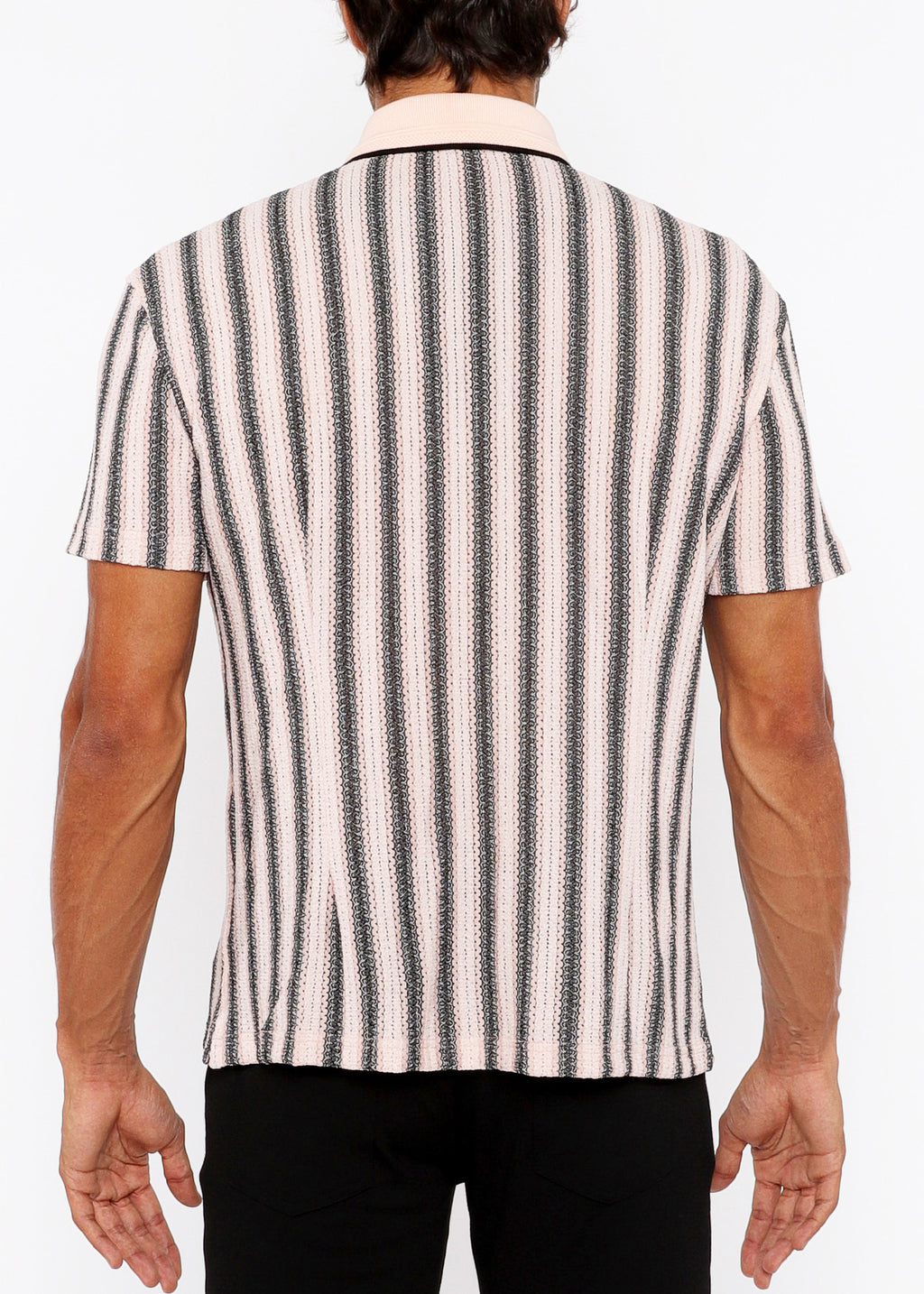 Stripe Open Knit Short Sleeve Shirt w/ Rib Collar