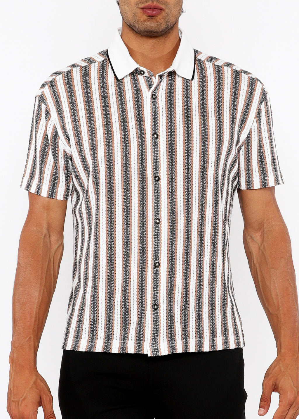 Stripe Open Knit Short Sleeve Shirt w/ Rib Collar Off White