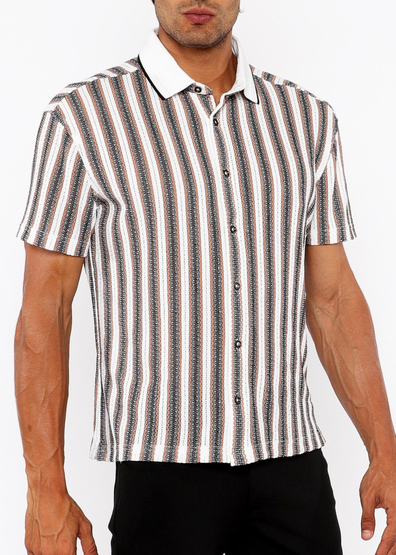 Stripe Open Knit Short Sleeve Shirt w/ Rib Collar