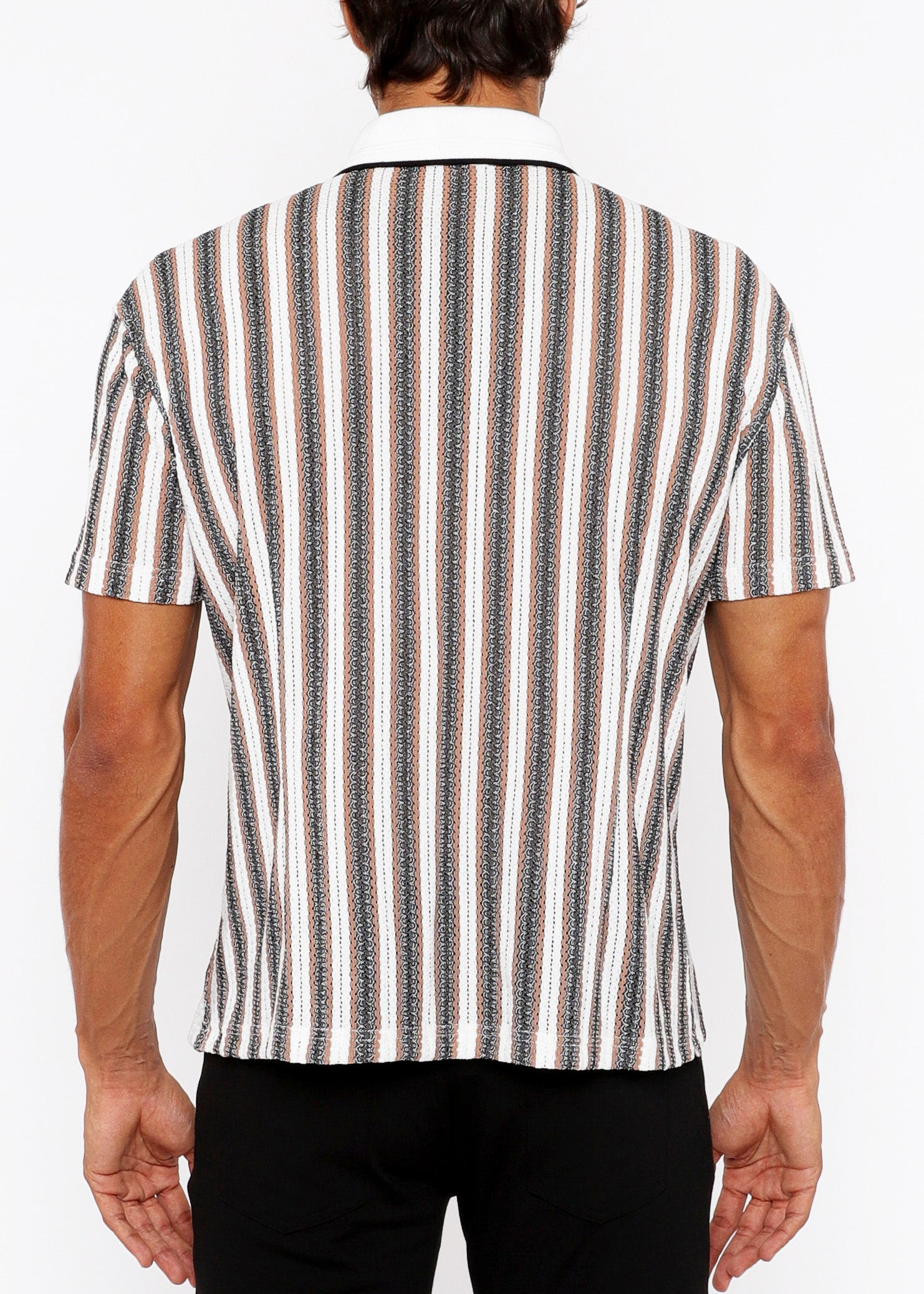 Stripe Open Knit Short Sleeve Shirt w/ Rib Collar