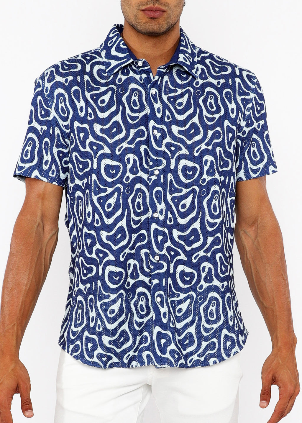 Squiggly Print Open Knit Short Sleeve Shirt French Blue