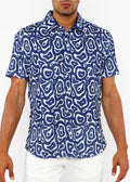 Squiggly Print Open Knit Short Sleeve Shirt French Blue
