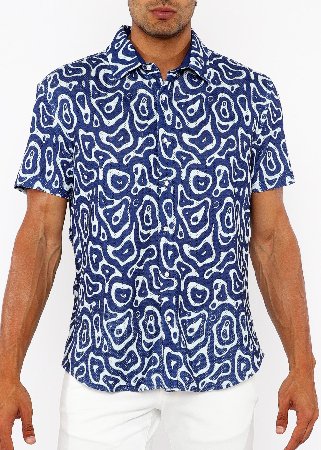 Squiggly Print Open Knit Short Sleeve Shirt French Blue
