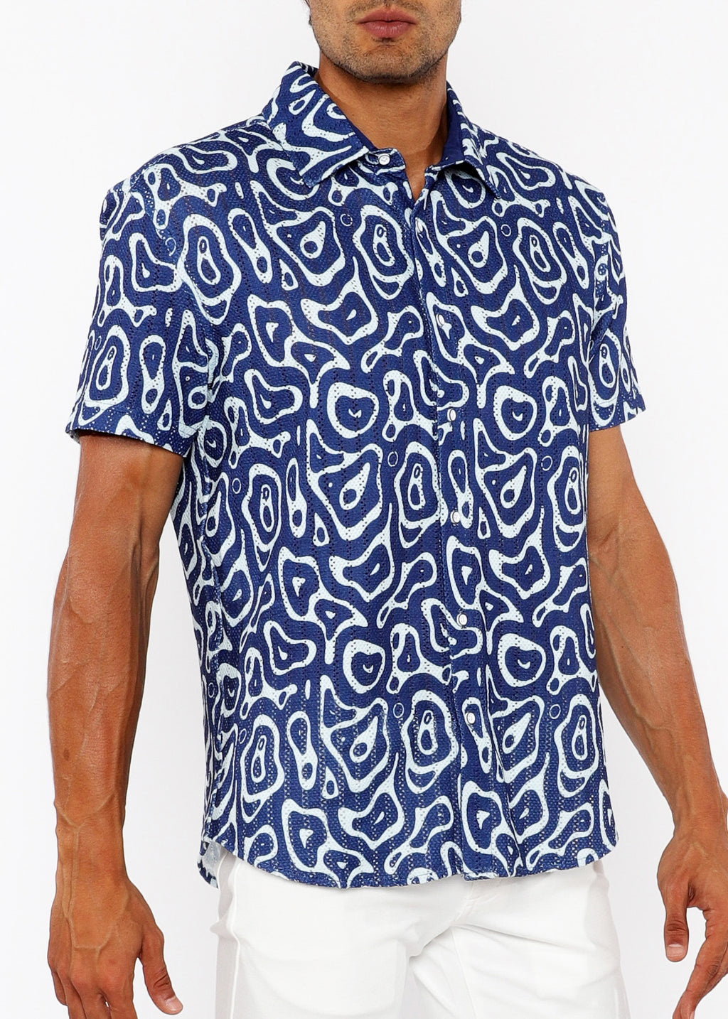 Squiggly Print Open Knit Short Sleeve Shirt