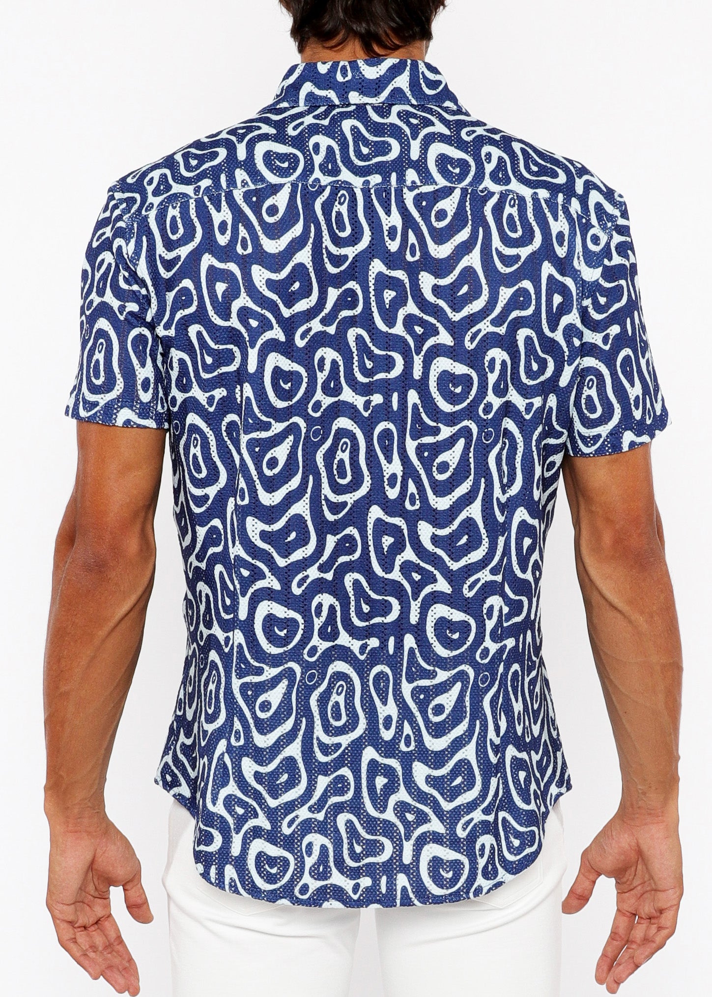 Squiggly Print Open Knit Short Sleeve Shirt