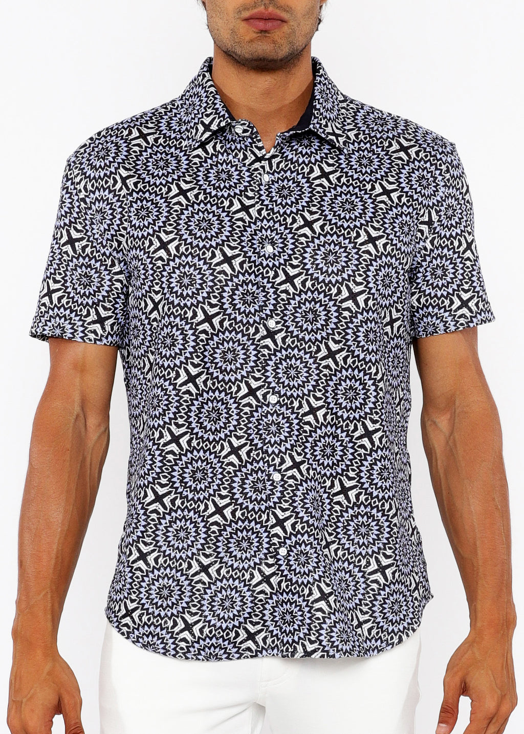 Bursts Print Open Knit Short Sleeve Shirt Midnight