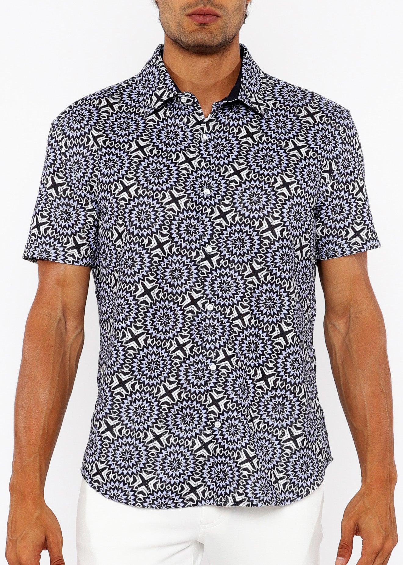 Bursts Print Open Knit Short Sleeve Shirt Midnight