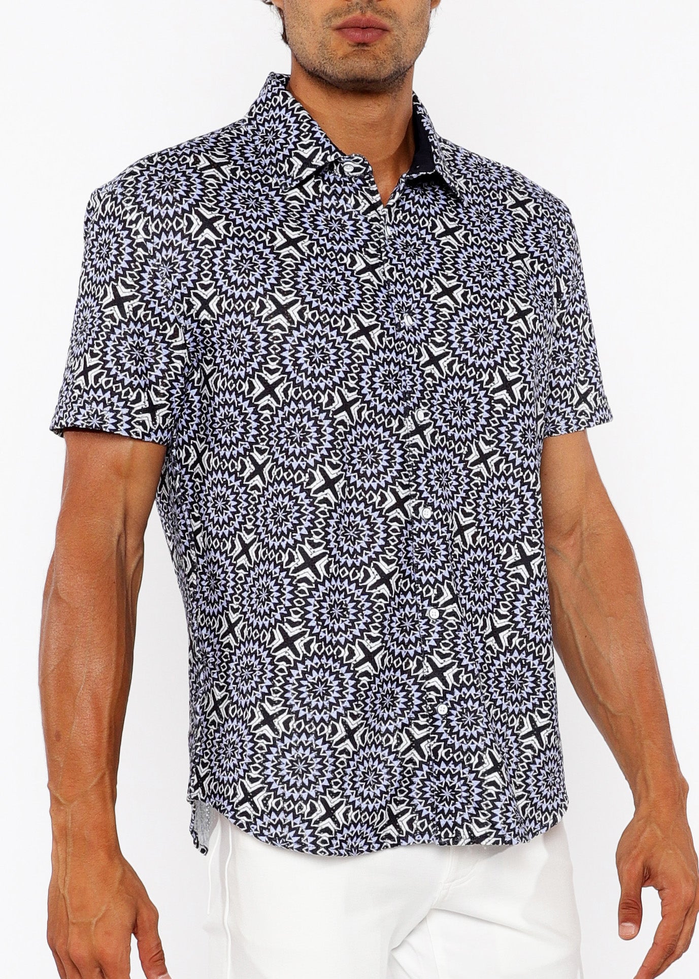 Bursts Print Open Knit Short Sleeve Shirt