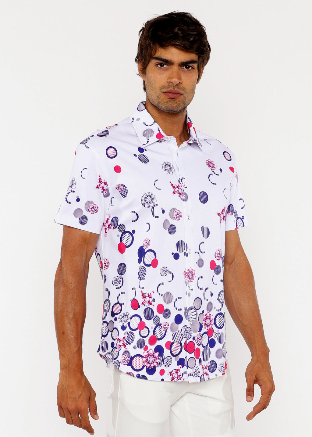 Circle Border Print Cotton Jersey Knit Short Sleeve Shirt