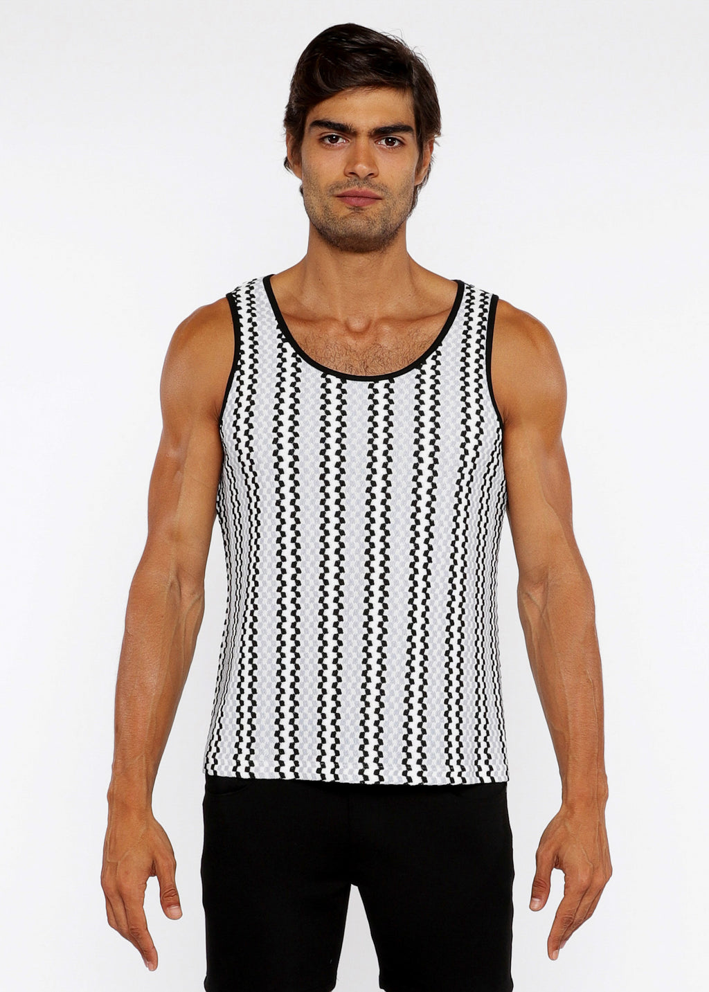 Zigzag Stripes Stretch Open Knit Tank Top Fog Blue