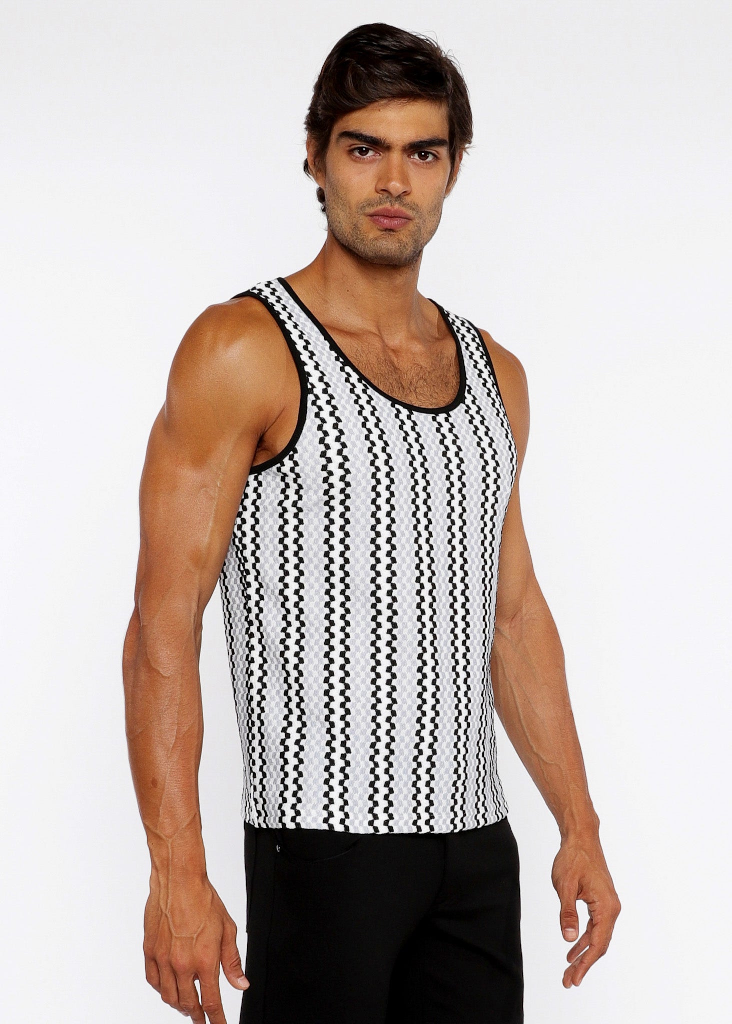 Zigzag Stripes Stretch Open Knit Tank Top
