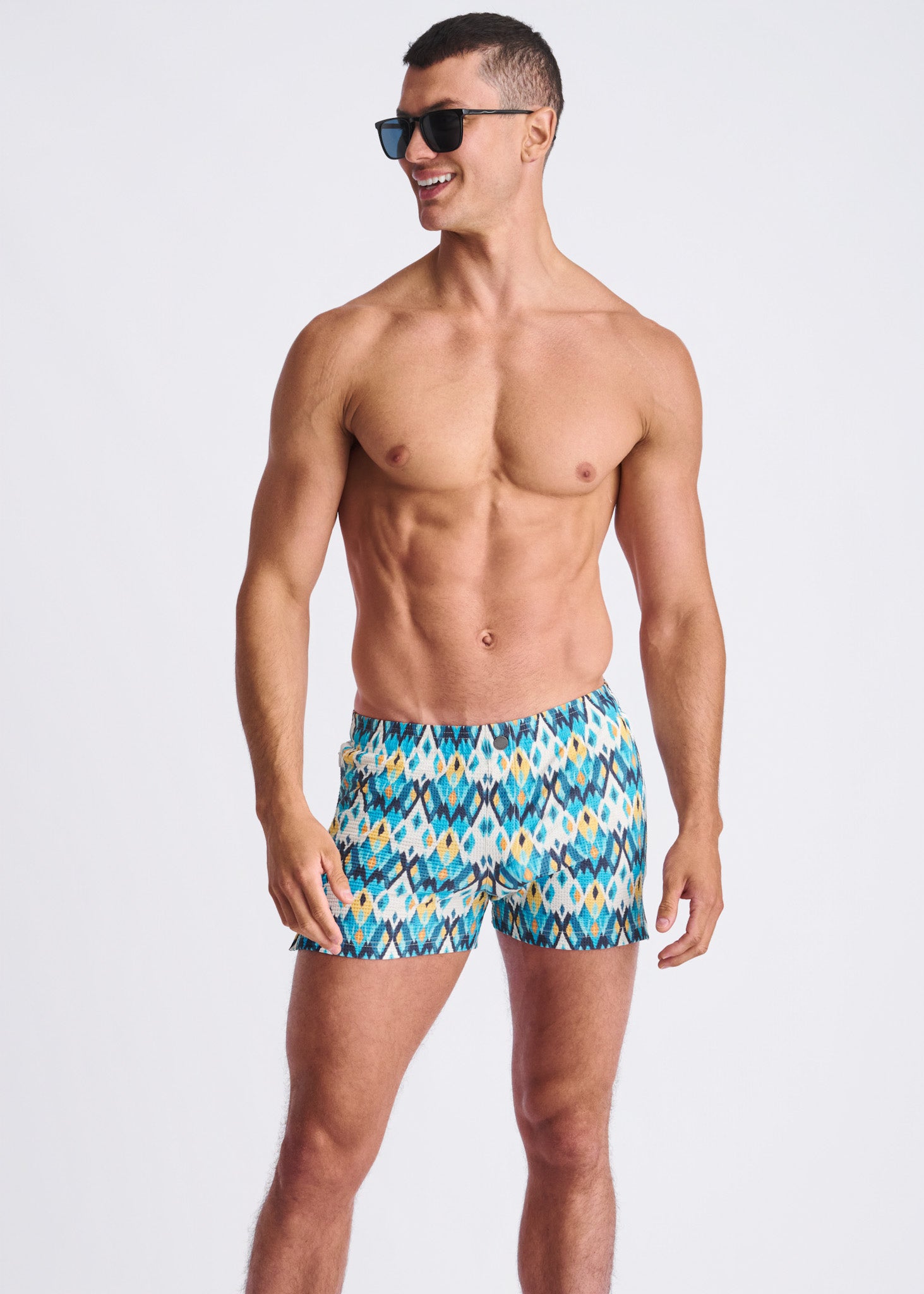 TEAL/GOLD DIAMOND Printed Seersucker Swim Shorts