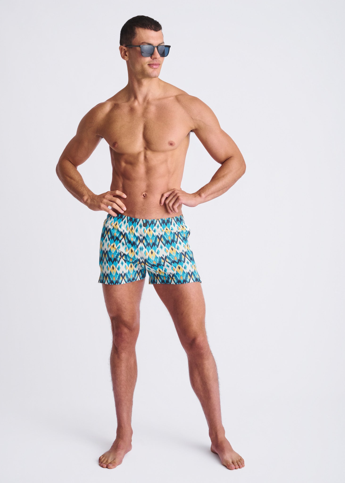 TEAL/GOLD DIAMOND Printed Seersucker Swim Shorts