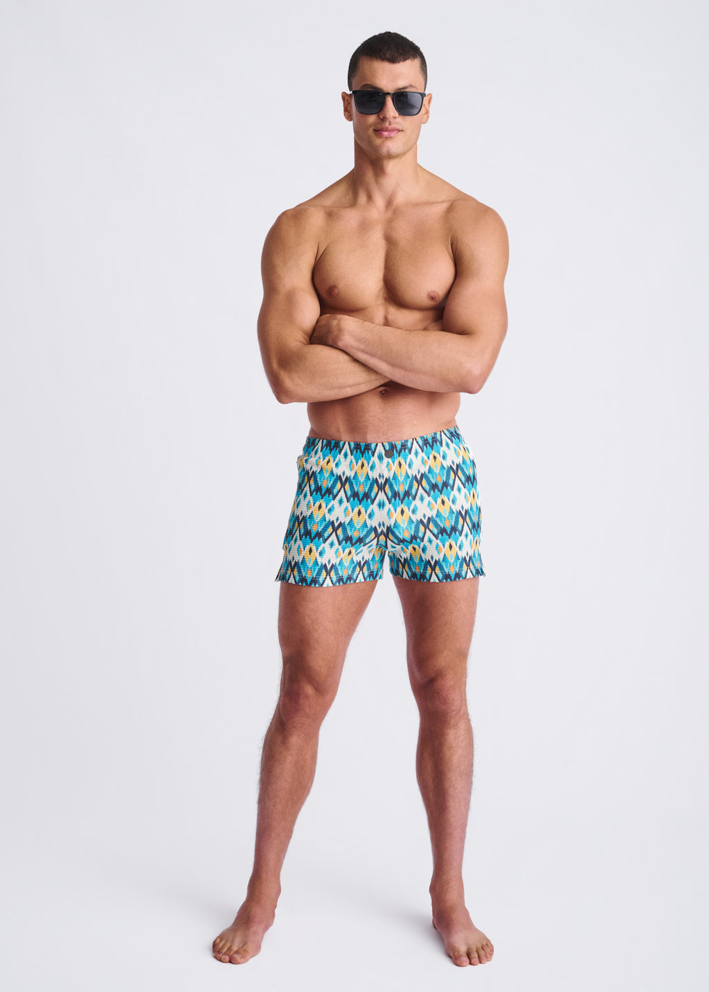 TEAL/GOLD DIAMOND Printed Seersucker Swim Shorts