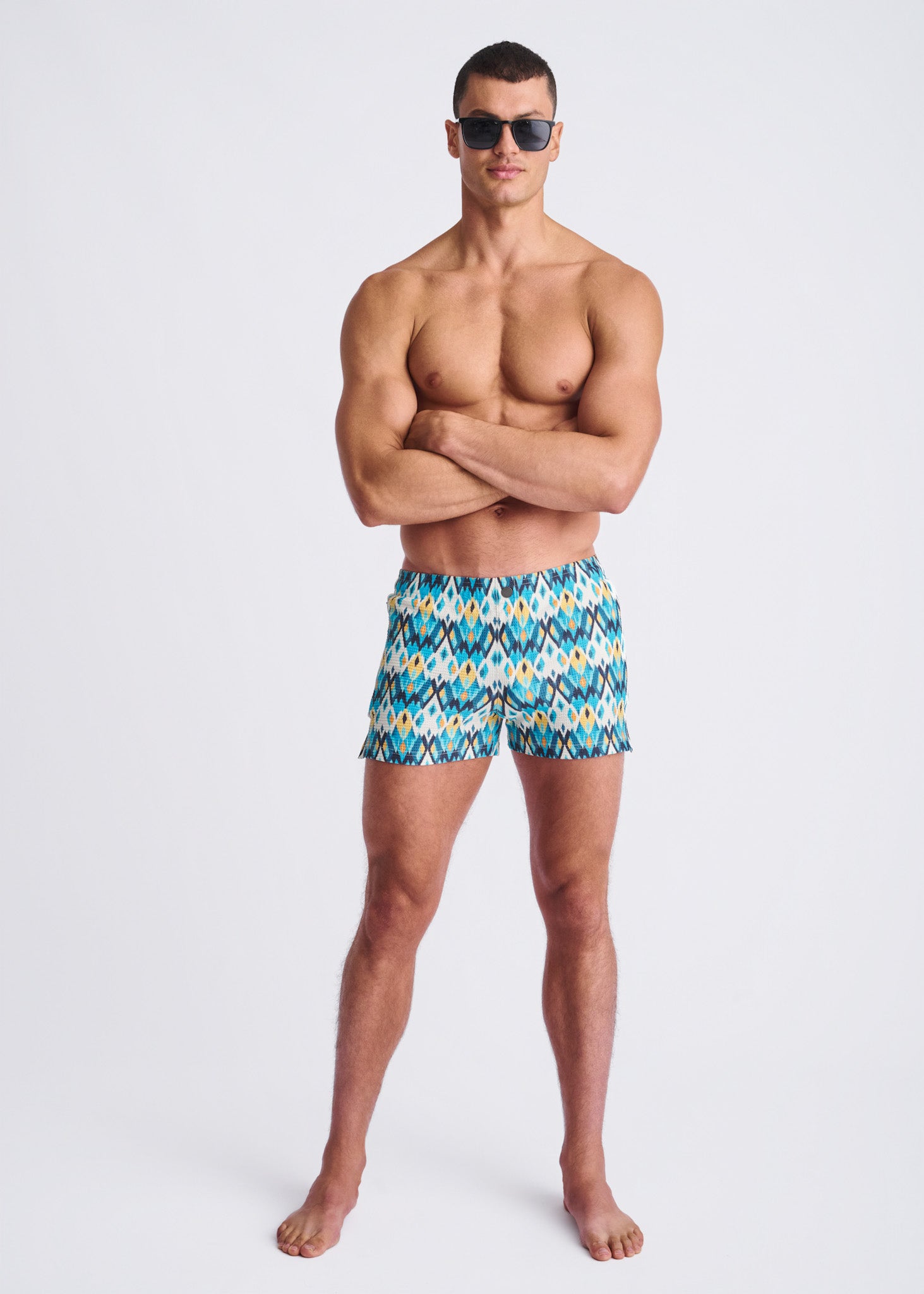 TEAL/GOLD DIAMOND Printed Seersucker Swim Shorts