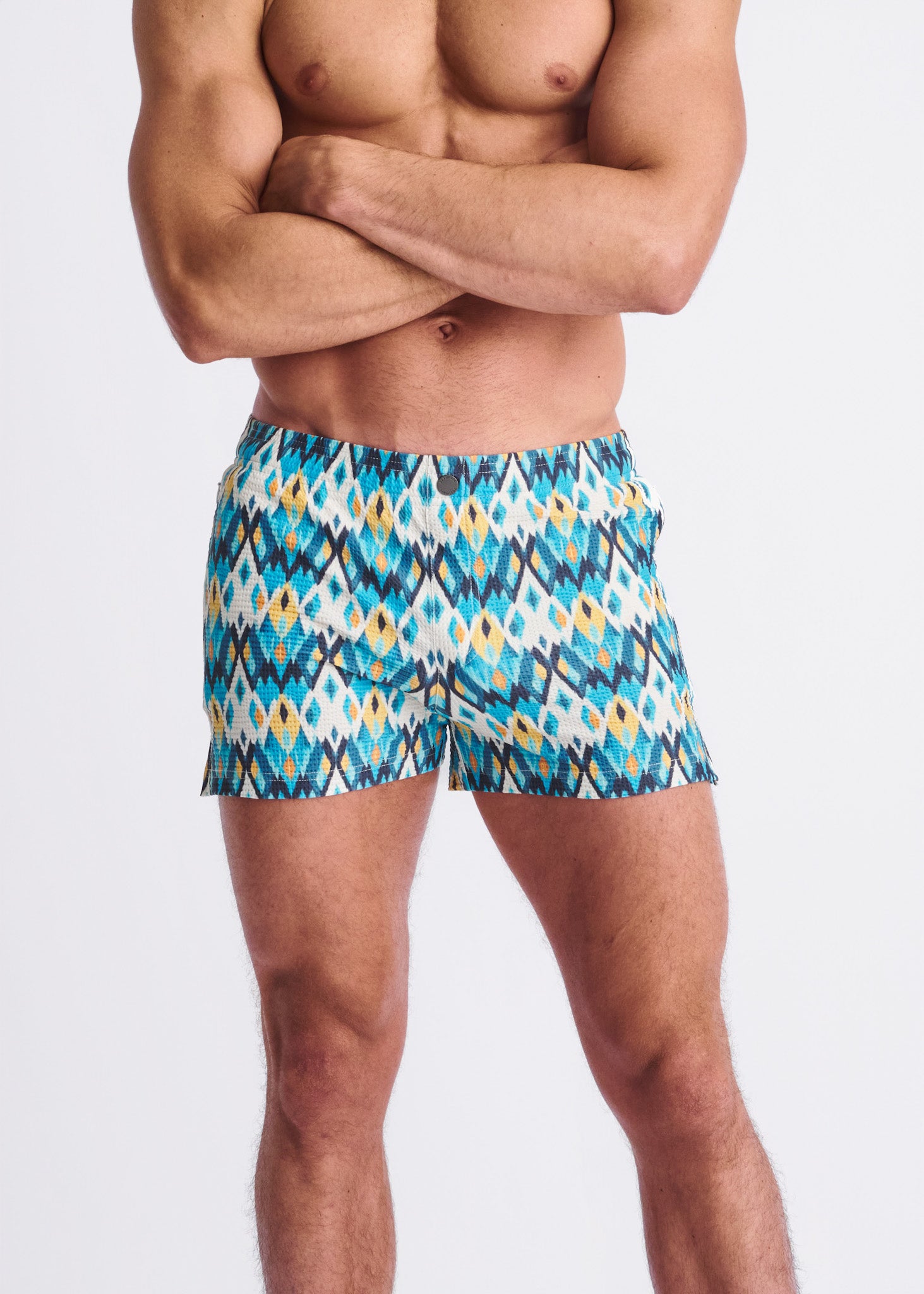 TEAL/GOLD DIAMOND Printed Seersucker Swim Shorts