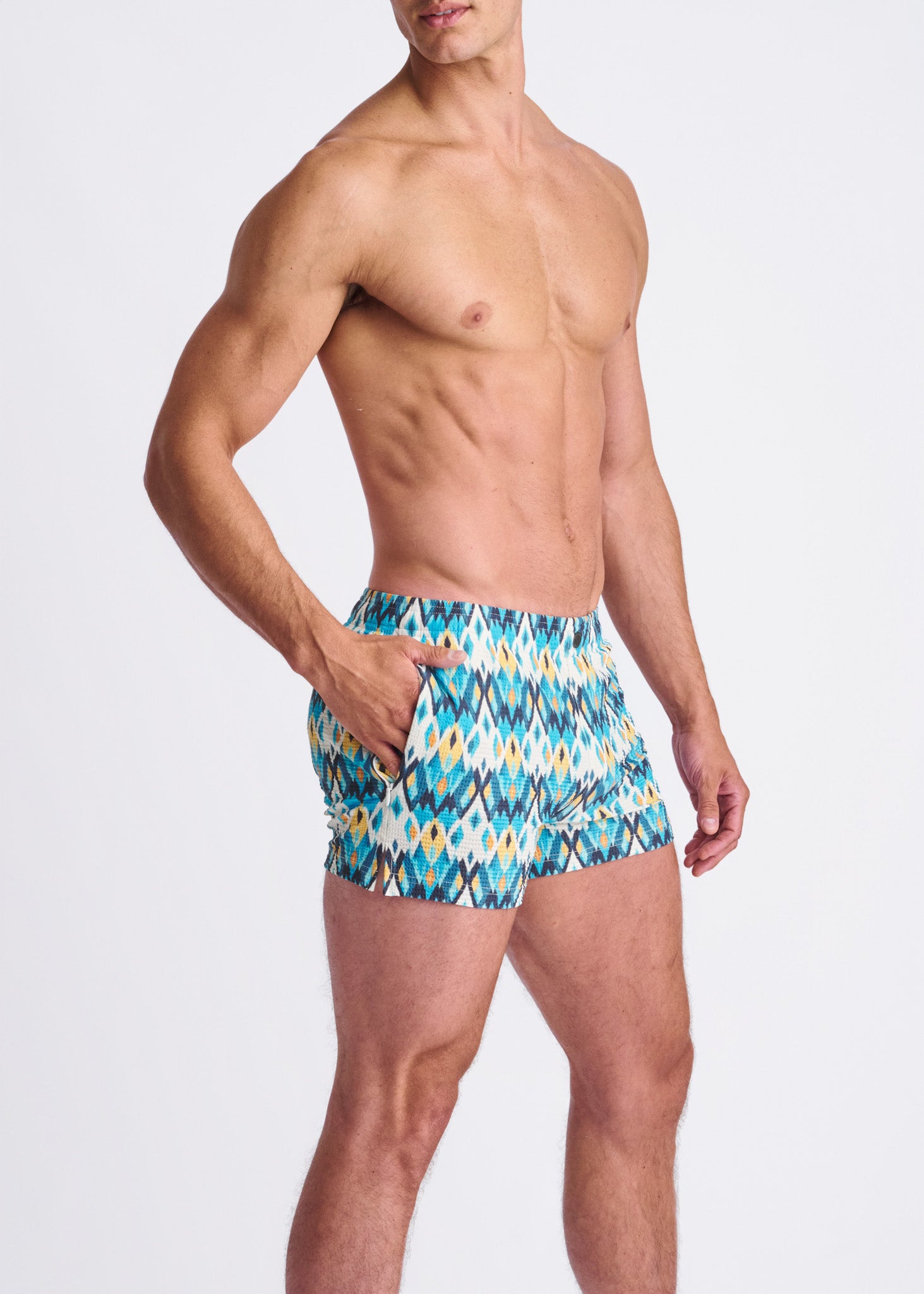 TEAL/GOLD DIAMOND Printed Seersucker Swim Shorts