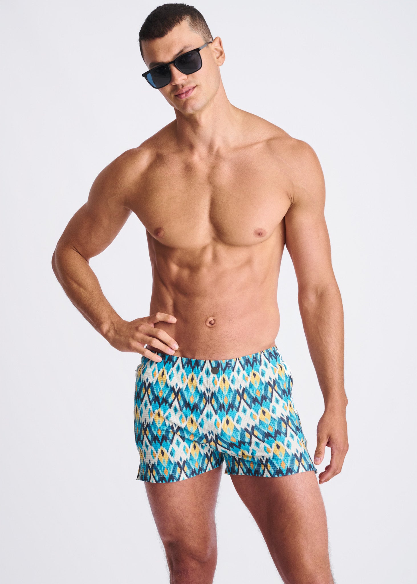 TEAL/GOLD DIAMOND Printed Seersucker Swim Shorts