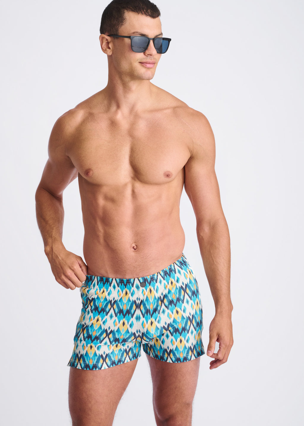 TEAL/GOLD DIAMOND Printed Seersucker Swim Shorts