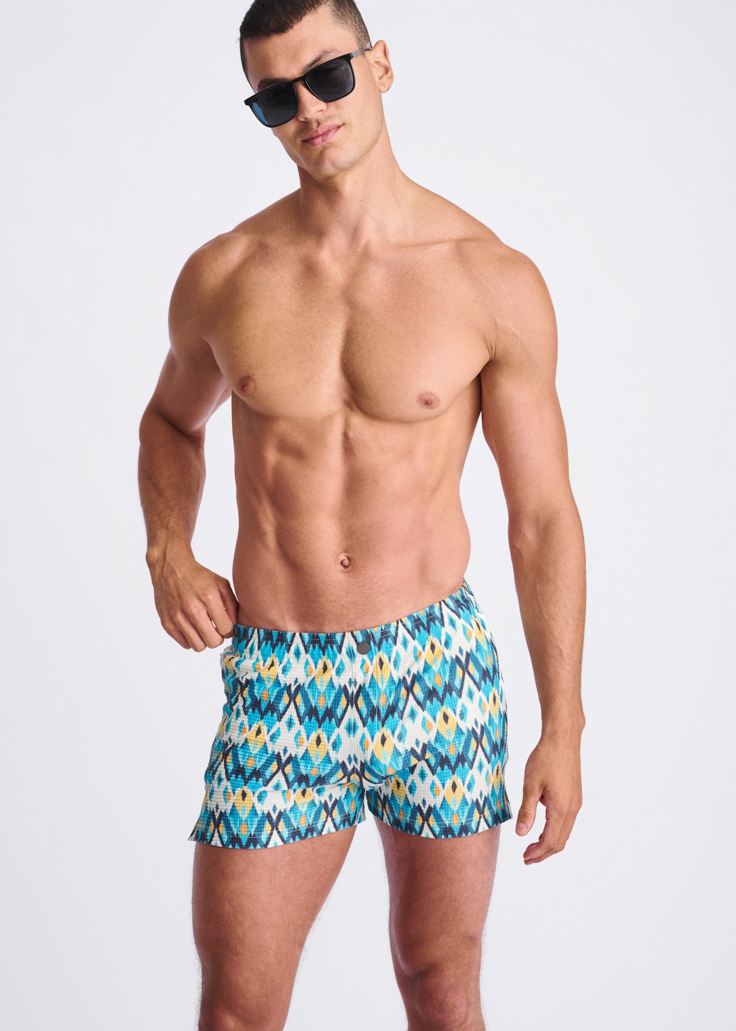 TEAL/GOLD DIAMOND Printed Seersucker Swim Shorts
