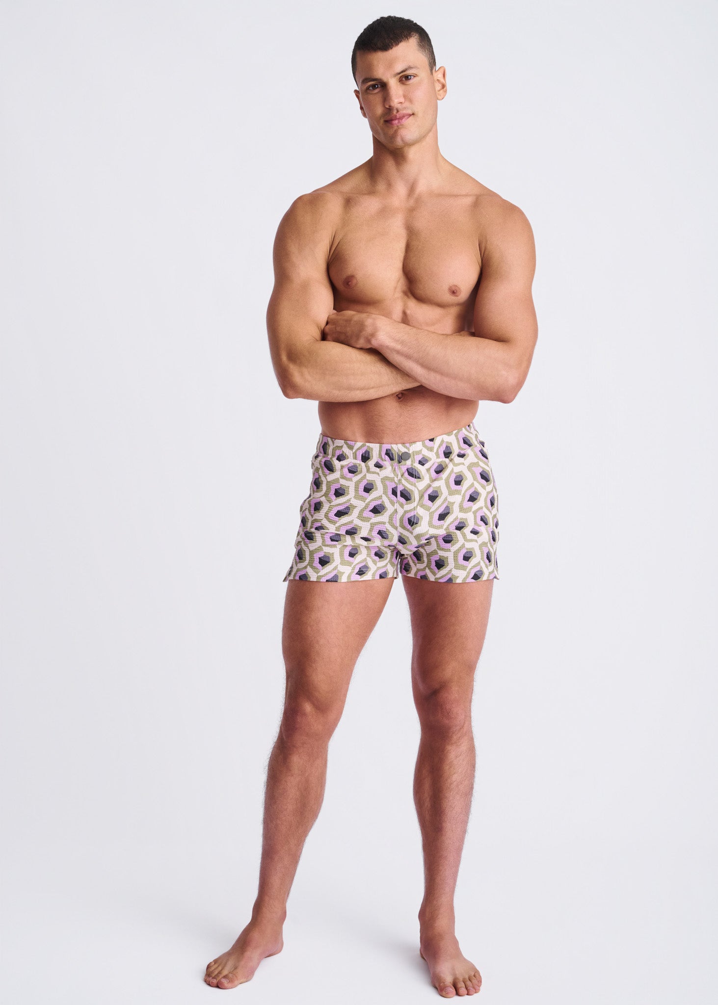 LILAC/SPROUT ABSTRACT Printed Seersucker Swim Shorts