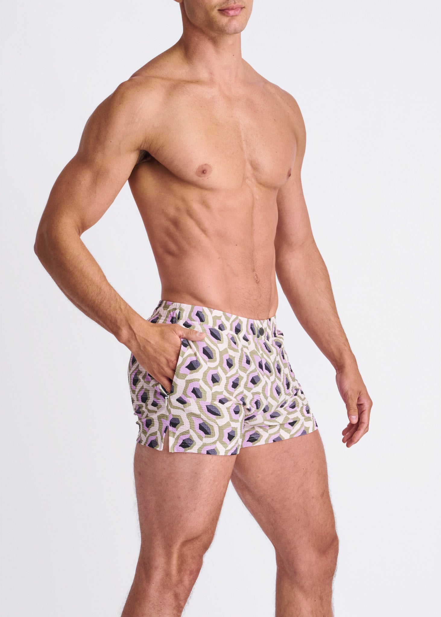 LILAC/SPROUT ABSTRACT Printed Seersucker Swim Shorts