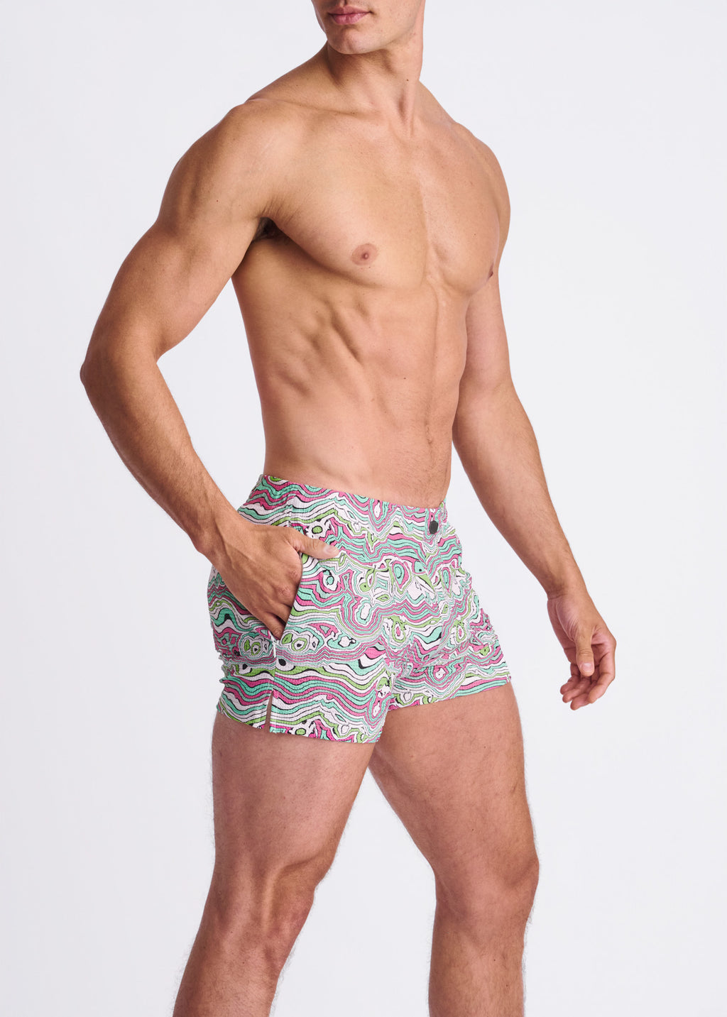 BUD/BLUSH SWIRLS Printed Seersucker Swim Shorts