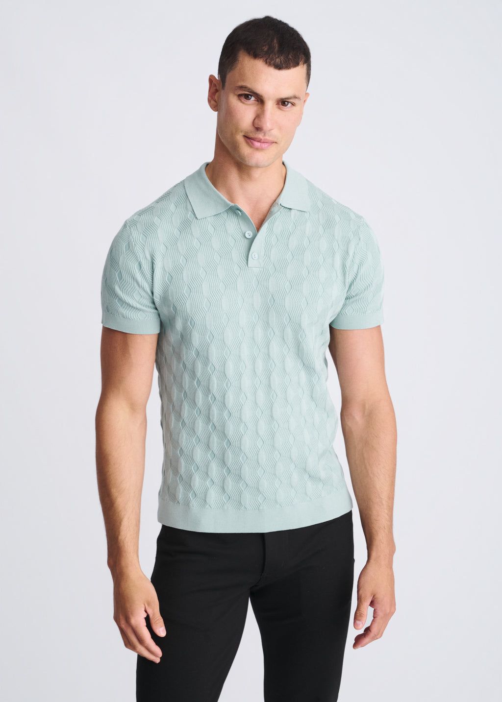 Textured Silk/Tencel 3-Button Knit Polo Stalk