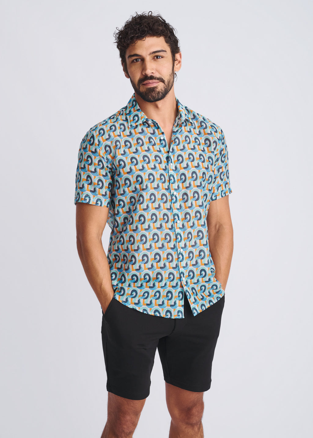 Swirls Cotton/Silk Short Sleeve Shirt Teal