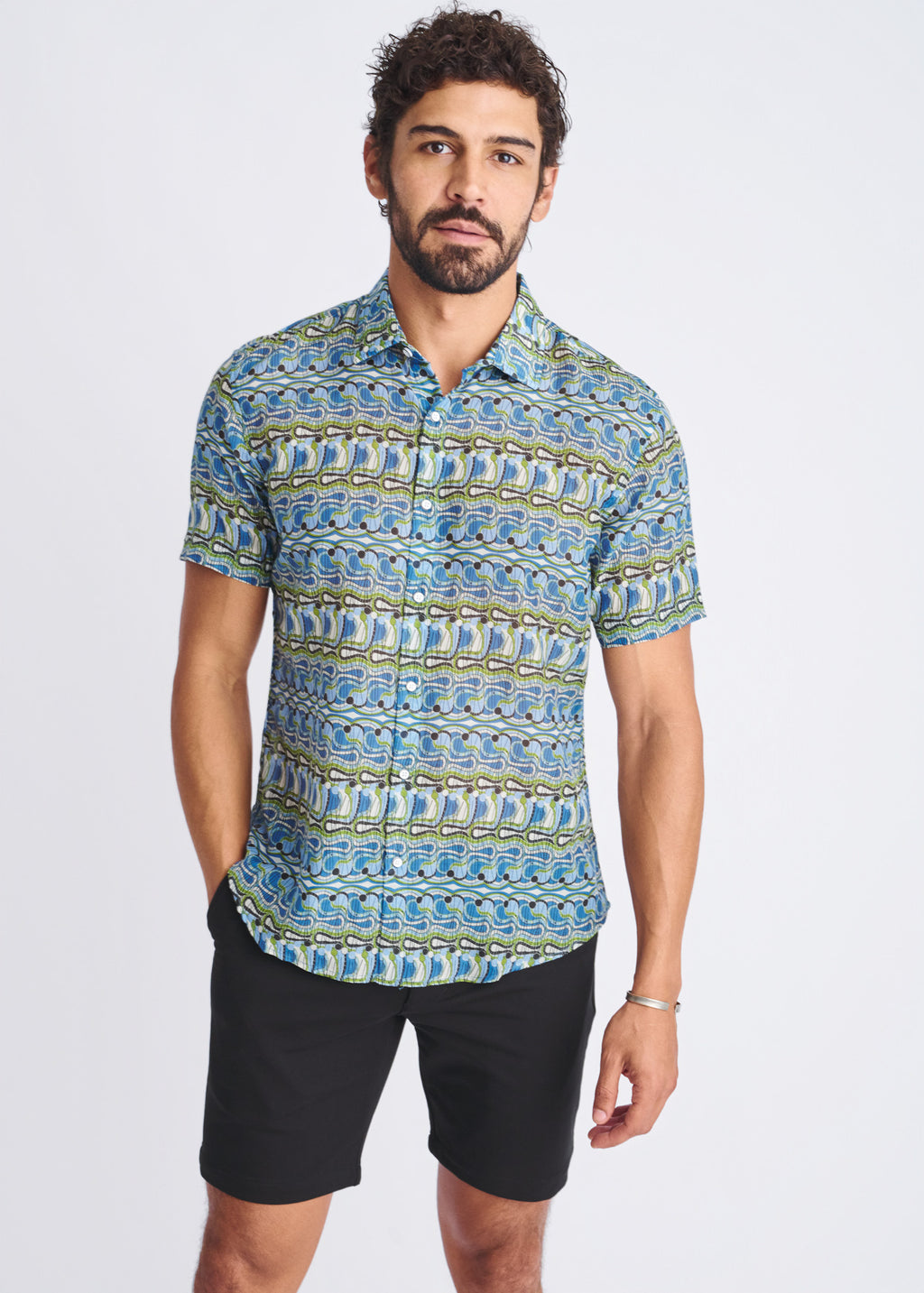 Cobalt Swirls Cotton/Silk Short Sleeve Shirt Olive