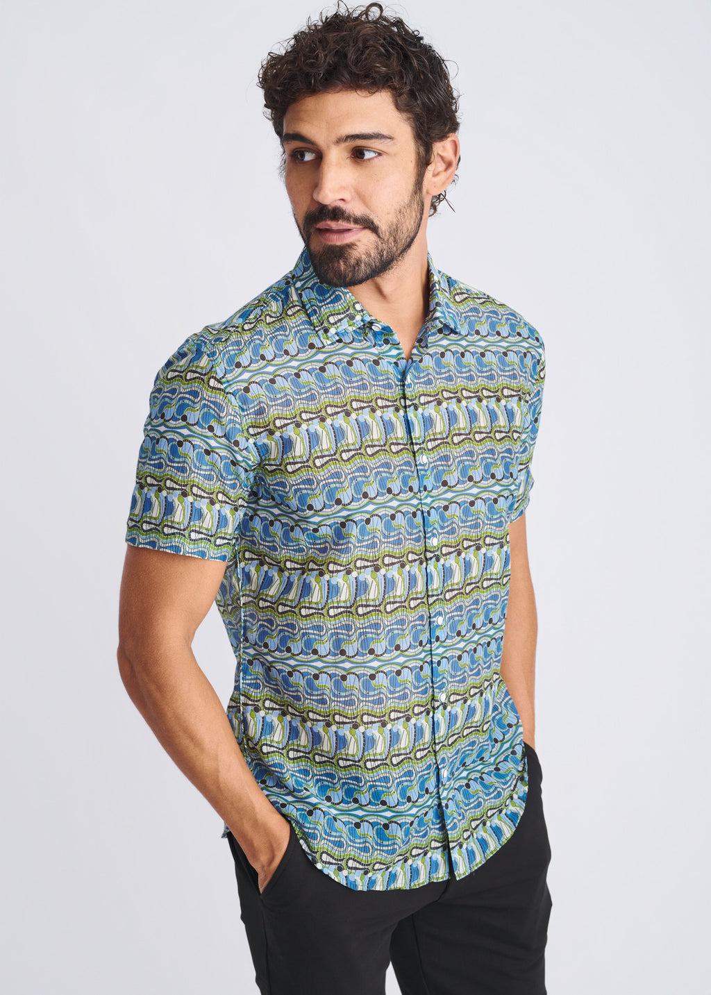 Cobalt Swirls Cotton/Silk Short Sleeve Shirt