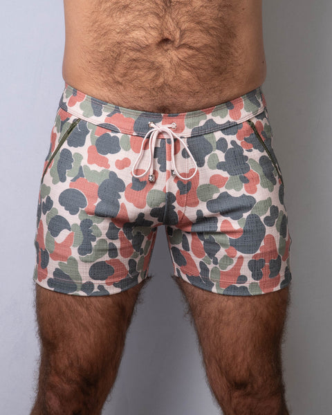 Linen Texture Zipper Shorts - Camo B Pink